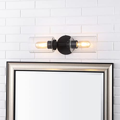 Image of JONATHAN Y 16 inch Oil Rubbed Bronze Farmhouse 2-Light Wall Sconce, Industrial Vanity Light for Bathroom Mirror, Entryway, Hallway, Clear Glass Cylinder Shades, LED Bulbs JYL9548A
