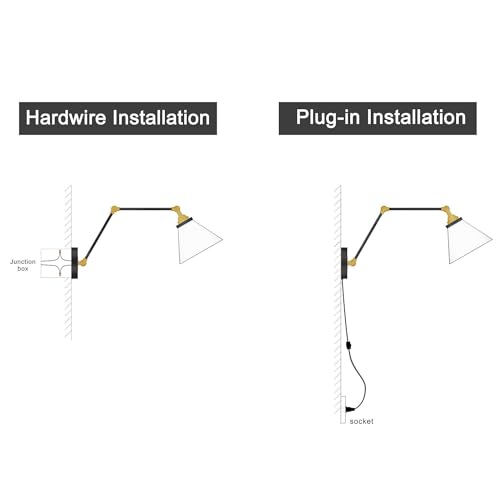 Image of LALUZ Black Glass Wall Sconces Lighting, Modern Gold Industrial Swing Arm Plug in or Hardwired Adjustable Wall Lamp with Antique Brass Finish for Bedroom, Kitchen, and Living Room