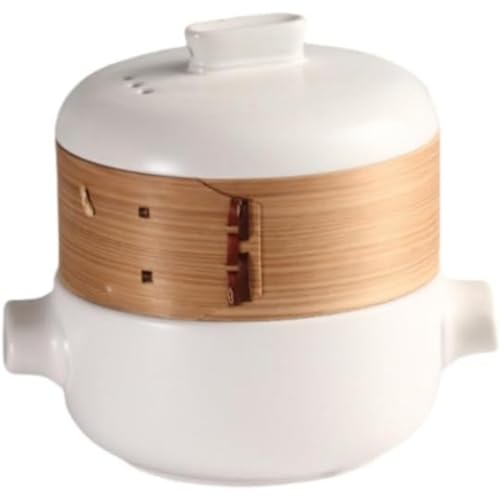 MYJYG日本の蒸し器キャセロール 蒸し器付きスープポット シチューポット 竹製多層ホテル 家庭用セラミックキャセロール蒸し器 せいろ付きホーロー鍋 蒸籠 セット セイロ (1L,蒸し器付きホワイト)