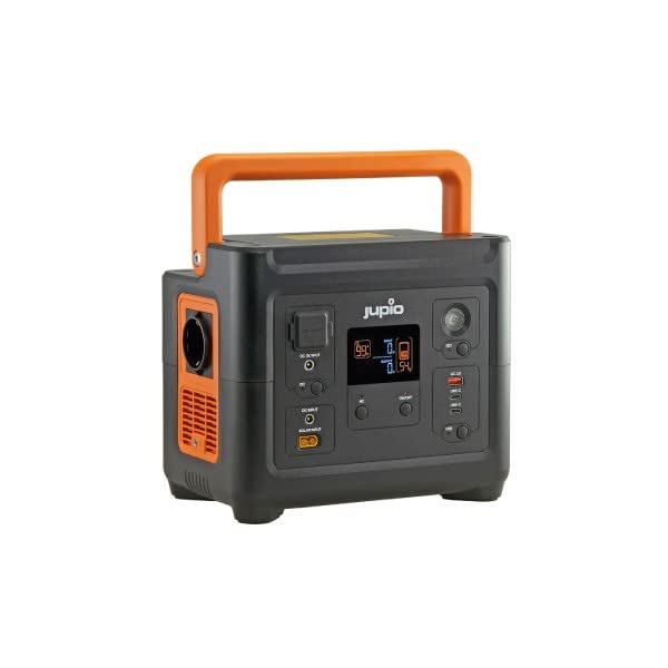 JUPIO PowerBOX 500 portable power station with orange handle and various ports and display