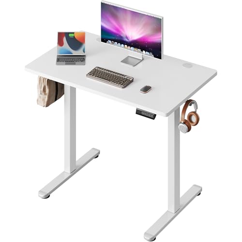 DEVAISE Höhenverstellbarer Schreibtisch 100 x 60 cm mit Einteiliger Tischplatte und Leisemotor, Sitz-Steh-Schreibtisch mit Memory-Funktion für 3 Höhen, Ergonomischer Computertisch für Büro, Weiß
