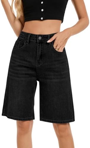 Jean Shorts for Women Long Stretchy High Waisted Denim Bermuda Shorts Baggy Jorts