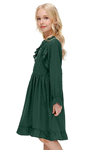Besserbay Big Girls Vintage Swiss Dot Ruffle Trim Flowy Dress Forest Green Long Bell Sleeve Fall Pleated Tunic Midi Dress 9-10 Years #TOP4