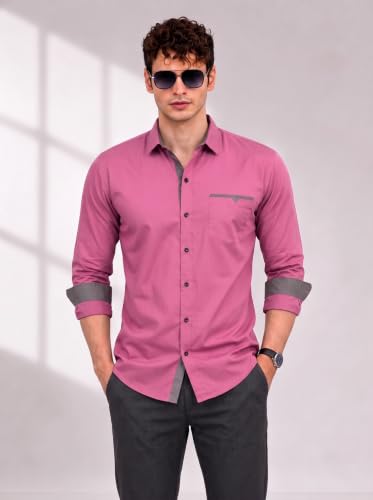 Image of Diverse Men's Cotton Shirt for Men | Regular Fit Full Sleeve Solid Casual Shirt with Spread Collar, Stylish Pocket Design, Standard Length | Formal Office Wear