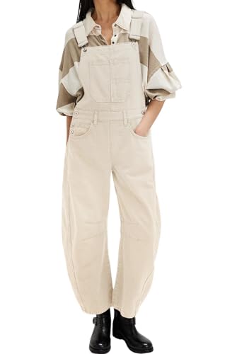 loveimgs Women Y2k Baggy Barrel Jeans Overalls Wide Leg Denim Pants Bib Overalls Jumpsuit Boyfriend Patchwork Jeans (Small Off white)