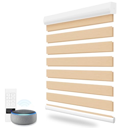 ACMEART Motorized Zebra Shades with Remote,Dual Layer Automatic Window Blinds,Light Filtering Electric Blinds for Home Office Custom Size (Beige)