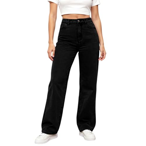 Wide Leg Jeans Woman Stretchy Cute Y2k Elastic Waist Jeans with Pockets Loose Dressy Casual Denim Pants Long Trousers