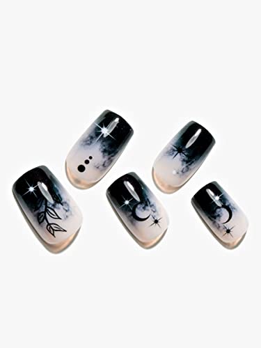 Halloween Short Press on Nails Square Shape, Gothic French Tip Fake Nails with Design Black Ombre Medium UV Glue on Nail