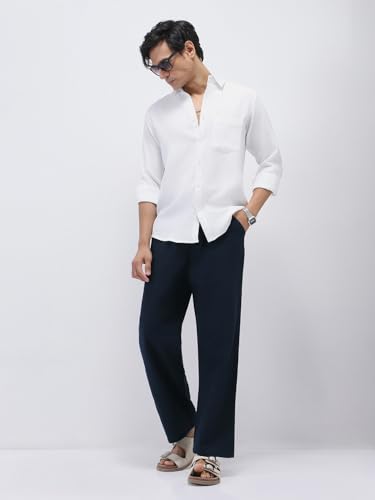 Image of Urbano Fashion Men's Loose Fit Solid Linen Blend Trousers Non-Stretchable