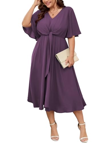 Image of SCOMCHIC Women Plus Size Midi Dresses Wedding Guest Short Sleeve V Neck Tie Waist Casual Summer Flowy A Line Dress