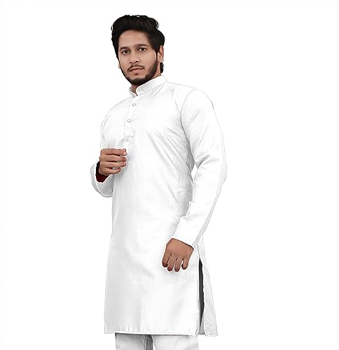 Image of Cotton Blend Full Sleeve Long Plain Kurta for Men