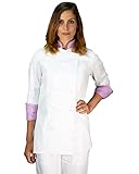 tessile astorino Kostenlose Stickerei – Kochjacke für Damen – Chef-Kasack weiß und lila – personalisierbare Uniform für Küche und Restaurant – Made in Italy, Weiß und Lila, L