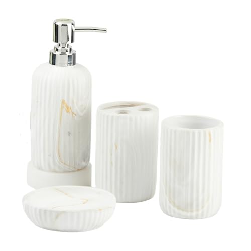Image of SaSaSa Ceramic Bathroom Accessories Set of 4 Modern Bath Set with Soap Dispenser & Toothbrush Holder, Luxury Home & Gift Idea (11426)