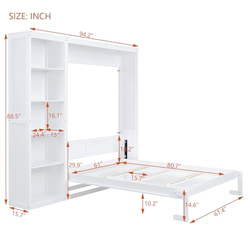 Image of Merax Space-Saving White Murphy Bed Queen Size with Adjustable Storage Shelves, Multifunctional Foldable Wall Bed for Small Spaces Studio Study Office Guest Room