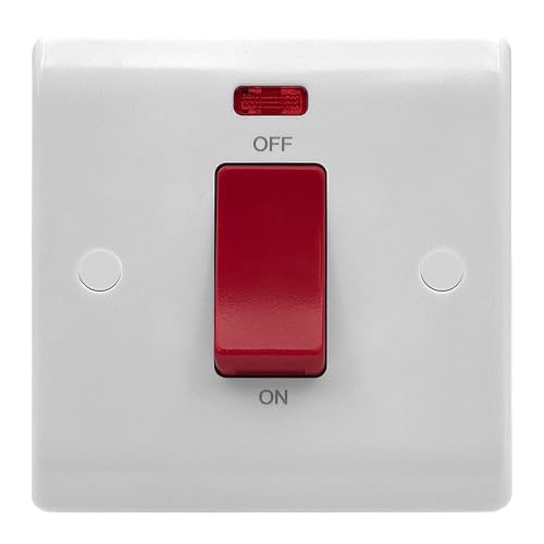 EVOGES Vector 45A Double Pole Switch with Neon Indicator, White, Single Plate Cooker Control Switch, Screw Caps Included