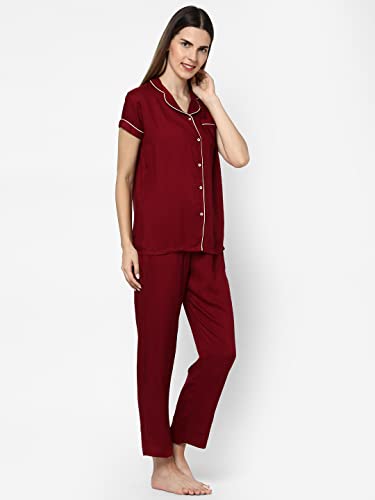 Image of Evolove Women's Polyester Half Sleeves Collared Night Suit Set /Top Pyjama Set Super Soft Comfortable (Nightsuit-Collar-HS-2)