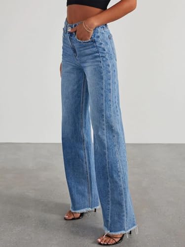 Women's Straight Leg Jeans Mid Waisted Baggy Strechy Jeans Wide Leg Denim Pants4
