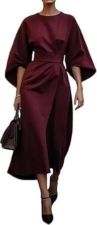 Womens Elegant Lantern Sleeve Belt Dress Round Neck Bat Sleeve Belt High Waist Bohemian Midi Dresses