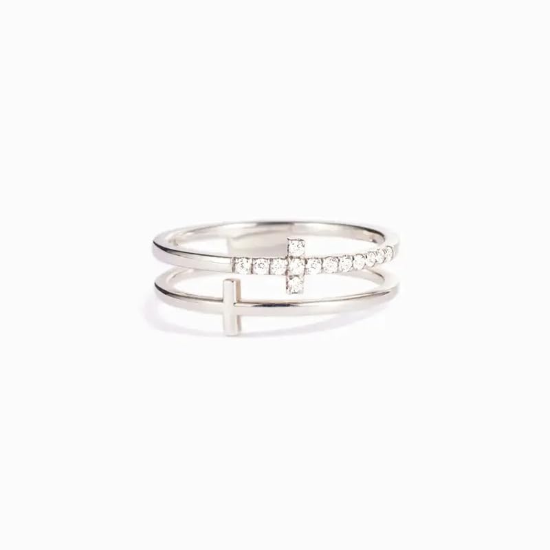 Double Cross Ring 18k Gold Plated 925 Sterling Silver Cubic Zirconia Simple Plain Stackable Statement Promise Rings Inspiration Christian Ring Faith Hope Love Cross Religious Ring Gift (Silver 9#)4