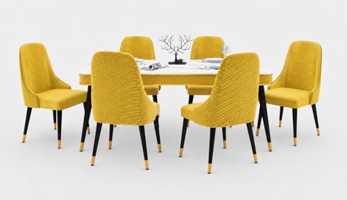 Image of WOODEN SPACE 6-Seater Wooden Dining Table Set | Nano Composite Marble Top | Solid Wood Base | Modern Dining Room Furniture with 6 Chairs (Yellow Modern Vento)