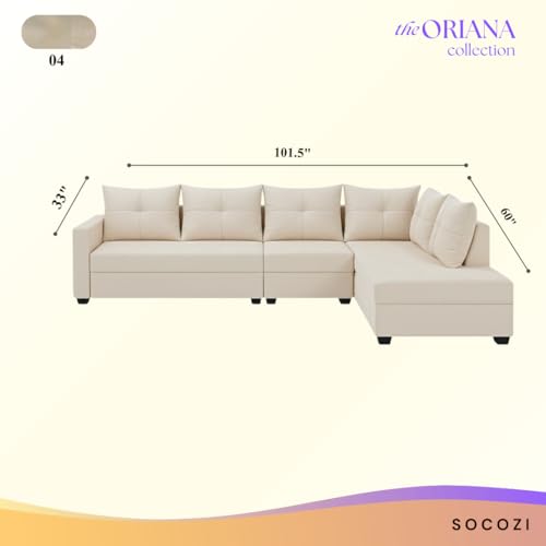 Image of SOCOZI Oriana 6 Seater RHS L Shape Sofa Set | Soft Velvet Suede Fabric | Modern Design | Plush Comfort Cushions for Living Room (Cream)