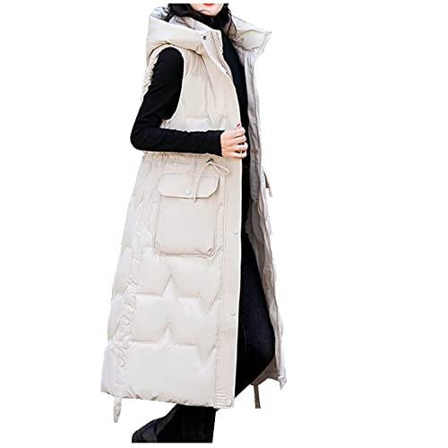 Image of duxyoz Women Gilets Long Hooded Quilted Gilet Lightweight Sleeveless Waistcoat Zip Up Hooded Puffer Jacket Longline Cotton Padded Vest Coat Winter Warm Outwear Bodywarmer With Pockets 01 Beige L