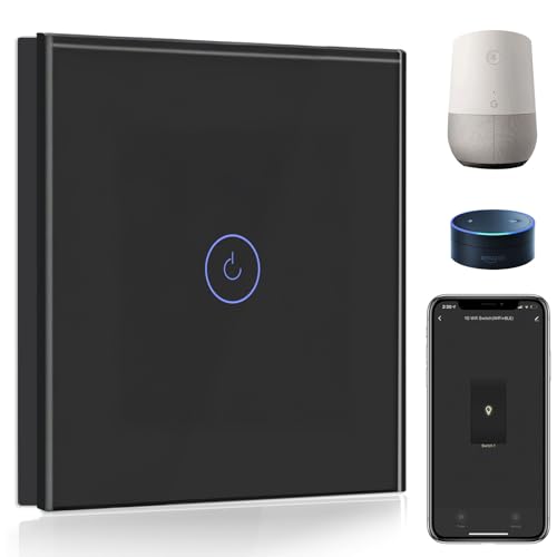 BSEED Interruttore WIFI 1 Gang 1 Via Interruttore Smart Compatibile con Google Home e Amazon Alexa, Interruttore a Parete a Sfioramento Nero(Richiesto la Linea Neutra)