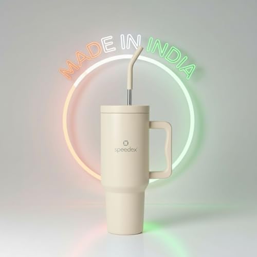 Image of Speedex 1200 ml Insulated Stainless Steel Tumbler with Handle, Straw & Cleaning Brush, Double Wall Leakproof Sipper Bottle, 24H Cold 18H Hot, Cup Holder Fit Travel Mug for Men Women (Cream, 1.2 l)
