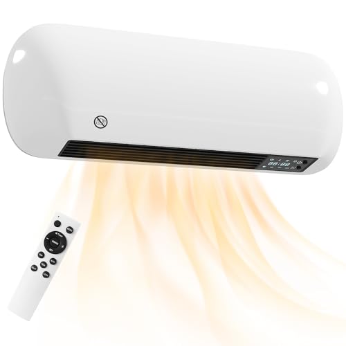 HOMCOM Chauffage mural en céramique 1000/2000W, radiateur électrique, ventilateur, thermostat, programmable hebdomadaire, oscillation, détection de fenêtre ouverte, minuterie 24 H, télécommande, blanc