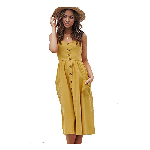 Inpugoz Sexy Solid Front Button Sleeveless Off Shoulder Women Casual Dress(Size l) Yellow