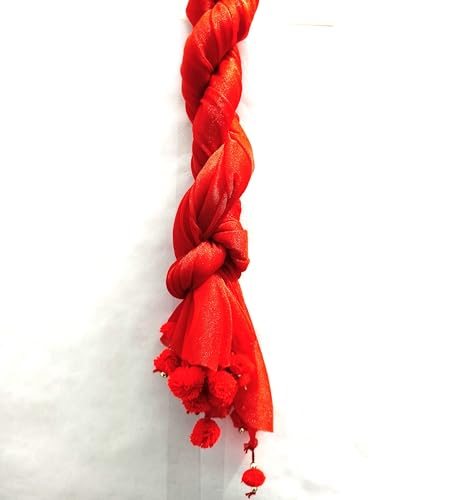 Image of Red Shimmer Dupatta for Women with Pom Pom Tassel Detail, Festive Style Scarf