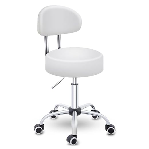 Casaria Rollhocker Höhenverstellbar 10cm Polsterung 360° Drehbar 46-60cm Sitzhöhe Bürohocker Drehhocker Arbeitshocker Hocker Weiß 6 TRESKO® Rollhocker mit Lehne Weiß | Arbeitshocker höhenverstellbar 47-60 cm | Drehhocker mit Rollen | Bürostuhl Hocker Drehstuhl Kosmetikhocker