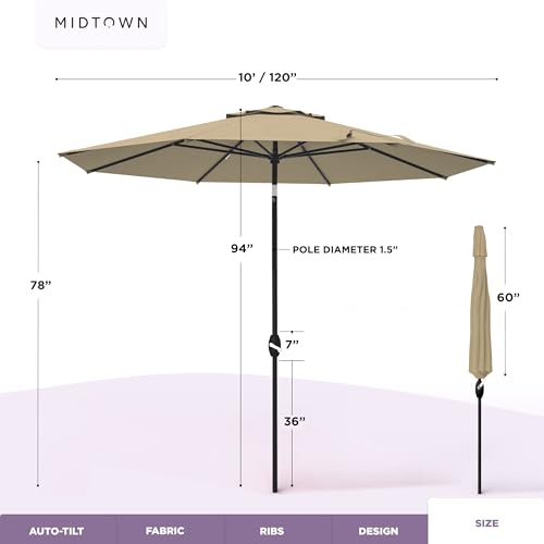 Image of Midtown Umbrellas - The Lean 10 Ft Patio Umbrella with 10-Year-No-Fade Acrylast Acrylic Fabric, Auto-Tilt and 8 Reinforced Ribs for Deck, Pool, Garden, Hotel & Cafes - Sahara Canopy, Black Pole