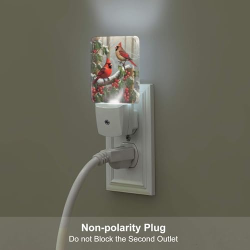 Image of Christmas Red Birds Night Light Set of 2, Winter Snow Auto Sensor LED Dusk-to-Dawn Nightlights, Plug-in Sensor Lamp for Bedroom Bathroom Kitchen Hallway Stairs Decorative