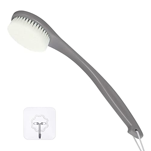 ROLIZOE Back Brush Long Handle for Shower Soft Bristle Back Scrubbers for Use in Shower Ergonomics Curved Plastic Back Scrubber Exfoliating Brush with Hook and Lanyard-Grey