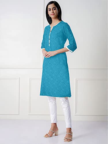 Image of rangita Turquoise Rayon Knee Length Printed Straight Kurti for Women | Kurta for Women