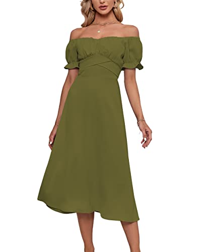 Image of LYANER Women's Off Shoulder Wrap Ruffle Puff Short Sleeve Ruched Tie Back Dress