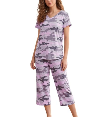 Image of ENJOYNIGHT Womens Pajama Sets Cotton Pj Set Short Sleeve Top With Capri Pants Sleepwear 2 Piece Lounge Set