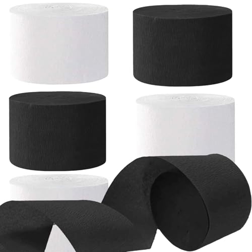Image of White and Black Crepe Paper Streamers 1.8 Inch Widening 6 Rolls,Black and White Party Streamer 82 feet per roll for Birthday Wedding Party Decorations