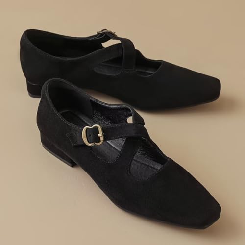 Hee grand Chunky Block Heels for Women Suede Closed Square Toe Cross Strap Mary Jane Shoes Comfortable Low Heel Office Pumps2