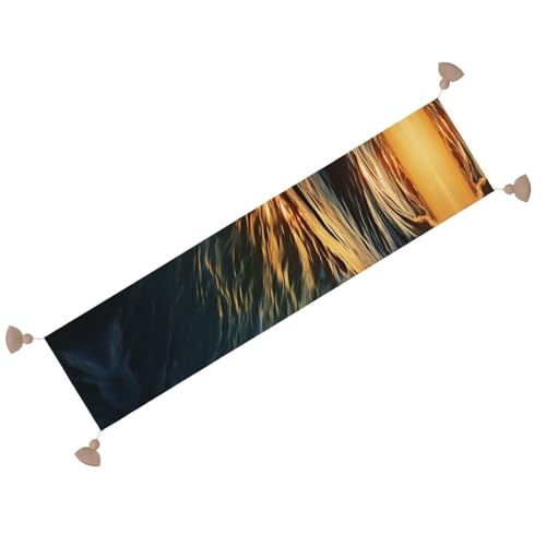 Chemin de table Dawn Ocean Waves 152 cm en coton lin rustique à pompons - 3