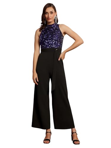Image of Miss Chase Womens Halter Neck Sleeveless Embellished Regular-Length Jumpsuit