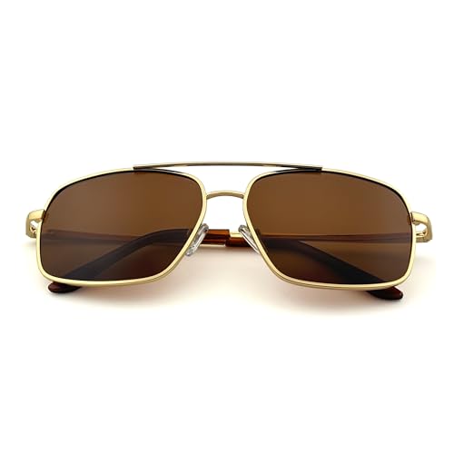 J+S Rua Retro Rectangle Aviator Polarized Sunglasses for Men | Spring Hinge Metal Frame | Polarized 100% UV 400 | Medium-Large Fit (Gold Frame/Brown Lens)