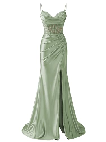 Spaghetti Straps Lace Appliques Satin Prom Dresses for Women with Slit V-Neck Mermaid Long Formal Evening Party Gown