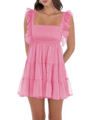 Image of Women's Summer Square Neck Tie Back Ruffle Sleeve Tiered Casual A-Line Short Mini Dress