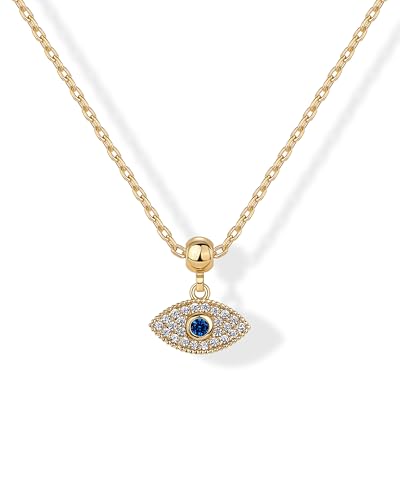 PAVOI 14K Yellow Gold Plated Evil Eye Necklace for Women | Cubic Zirconia Evil Eye Pendant with Sapphire Accent | Adjustable Sliding Ball Chain Gold Jewelry