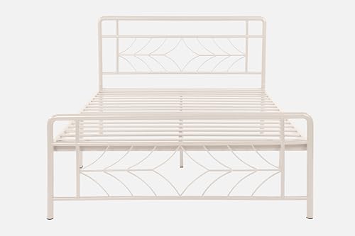 Image of Vara Metal Queen Size Bed Without Storage | Wrought Iron Double Bed with Headboard & Footboard | Sturdy Powder Coated Platform Bed Queen Size Cot for BedroomLivingRoom Ivory (75x60)