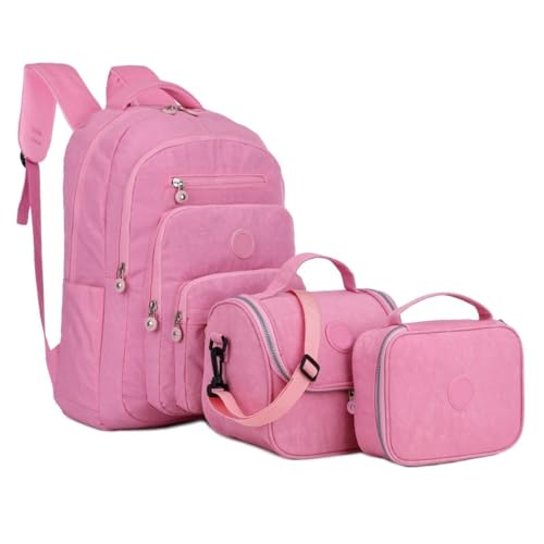 Kit Mochila Escolar Espaçosa Alça Costa Acolchoada Reforçada Estojo Box Porta Lápis Bolsa Térmica Lancheira Notebook Impermeavel Média Juvenil Faculdade Trabalho (Rosa Claro)