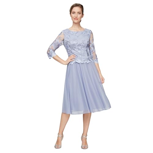 Image of Alex Evenings Women's Tea Length Embroidered Bodice Mother of The Bride Gown, Wedding Guest Dress (Petite and Regular Sizes)