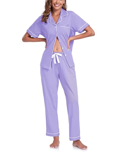 Image of COLORFULLEAF Women's 100% Cotton Pajamas Set Button Down Sleepwear Short Sleeve Shirt and Long Pants Soft Ladies Lounge Sets